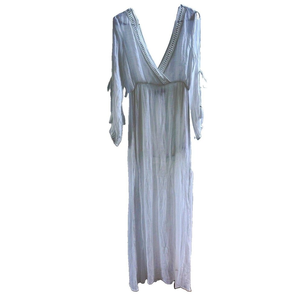 Aakaa White V-Neck Long Sleeve Lined Lace Crochet Maxi Dress Bridal Beach Size S